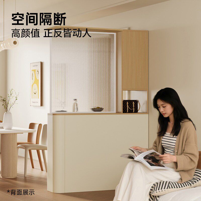 速发原木风玄关柜入户正对门屏风柜双面圆弧隔断柜客厅置物柜一体