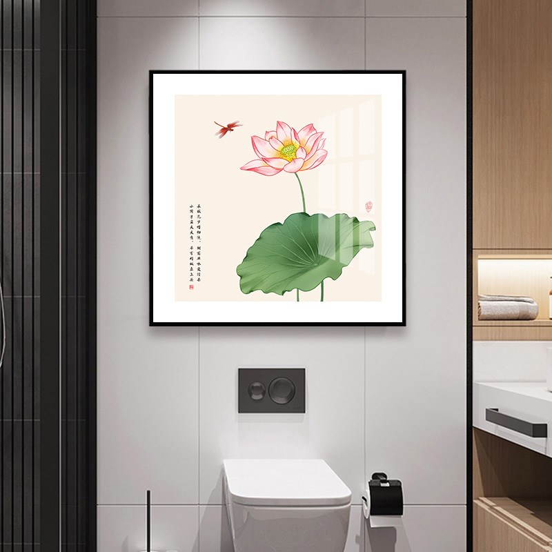速发荷花图挂画卫生间墙面装饰画玄关正方形背景墙画饭店莲花包厢图片