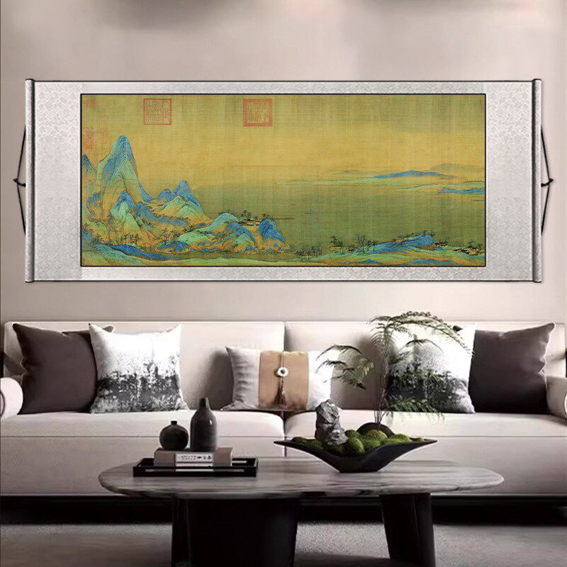速发横版千里江山图卷轴挂画王希孟名家山水国画客厅办公室风景装