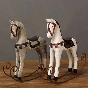 速发法式木具玩马美式乡村小摆件田拍风复古老物件家居装饰品园照