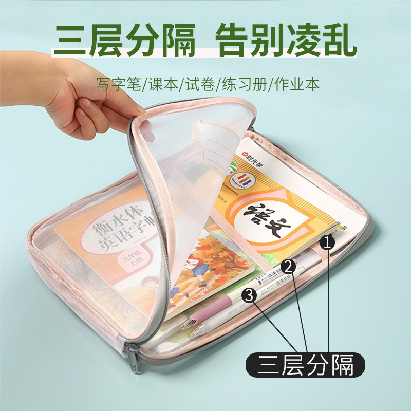 速发2024新款L型科目分类袋透明文件袋拉链式网纱大开口学生手提