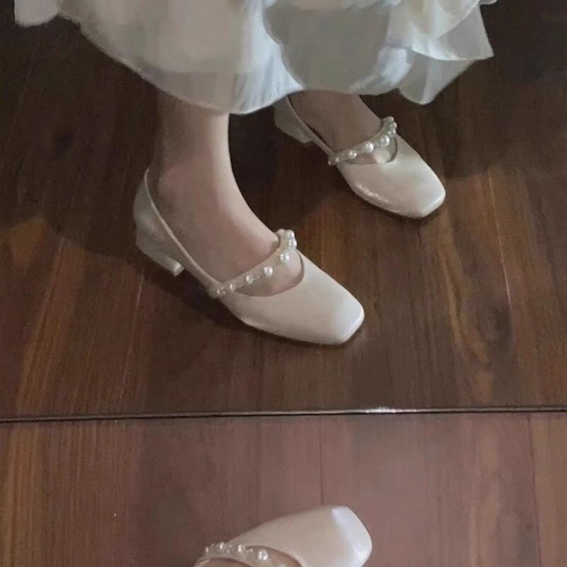 速发法式粗跟单鞋晚晚温柔伴娘白色玛丽珍婚鞋新娘高跟鞋婚纱不累