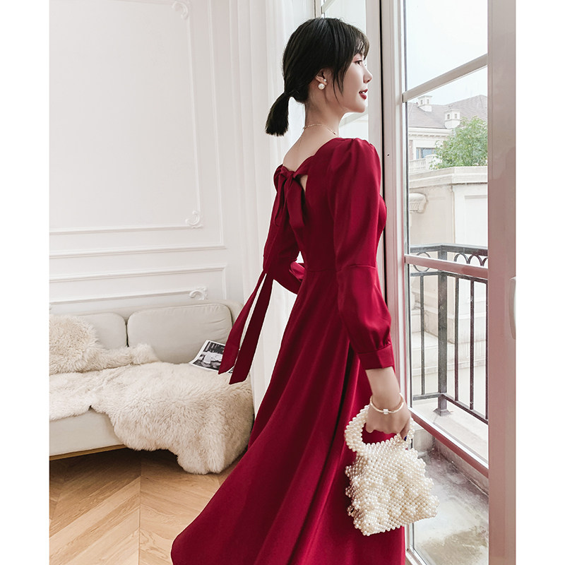 速发敬裙服新娘回时礼服酒红色2021新款平门可穿冬季衣服结婚订婚