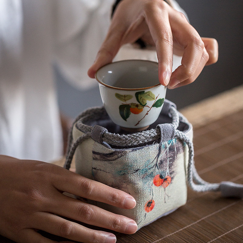 速发品绘套子棉麻主人杯单杯袋旅行便携杯柿茶杯茶具手茗杯加厚