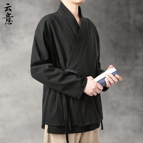 速发亚麻斜襟汉服男外套禅国风假两件复古风唐装棉麻道袍中意茶服