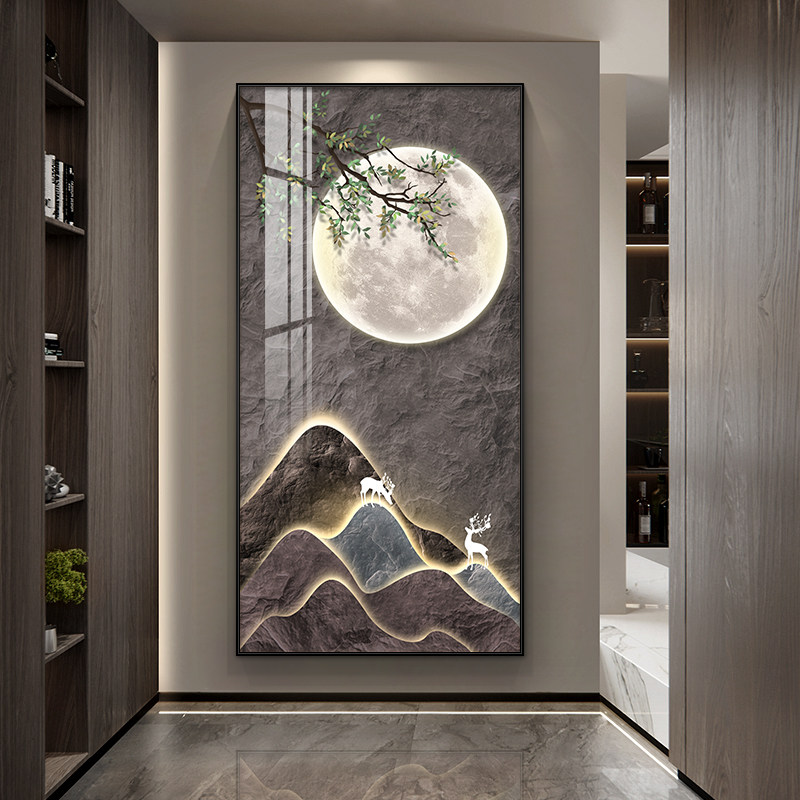 速发朝鹿月夕 好户画关装饰玄新中式寓意入入门走廊过道壁画客厅