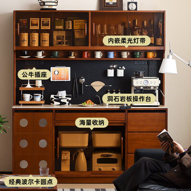 速发复古实木餐边柜靠墙一体落地风岩板储物收纳柜茶水柜展示高柜