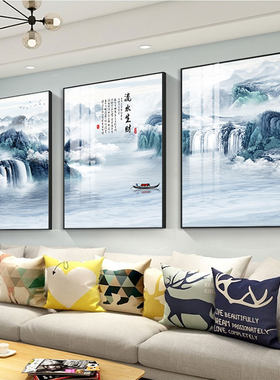 新中式客厅沙发墙装饰画常青树高档D横挂画发财树办公室壁画三联
