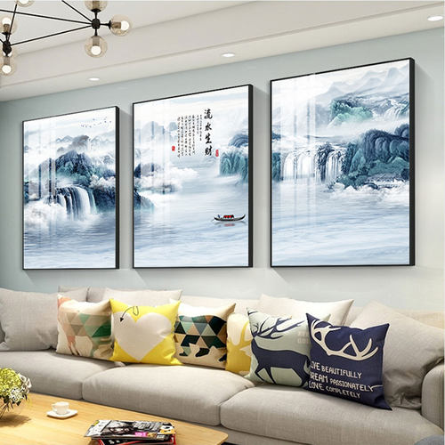 新中式客厅沙发墙装饰画常青树高档D横挂画发财树办公室壁画三联