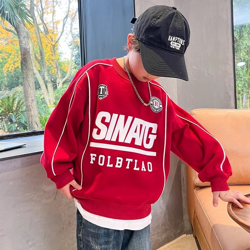 男童红色卫衣春装2025新款中大童春秋款上衣男孩春季打底衫儿童装