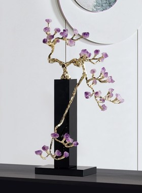 紫水晶迎客松造型装饰品别墅入户玄D关艺术工艺品现代中式创意摆