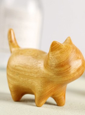 天然檀香木雕猫咪k摆件可爱创意卡通肥猫手把件木质文玩装饰送礼