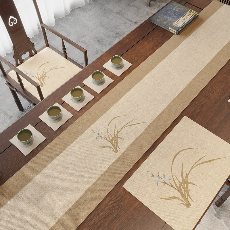 新中式防水绣花桌旗禅意茶席轻奢高级感茶台N布艺桌布长条茶巾茶