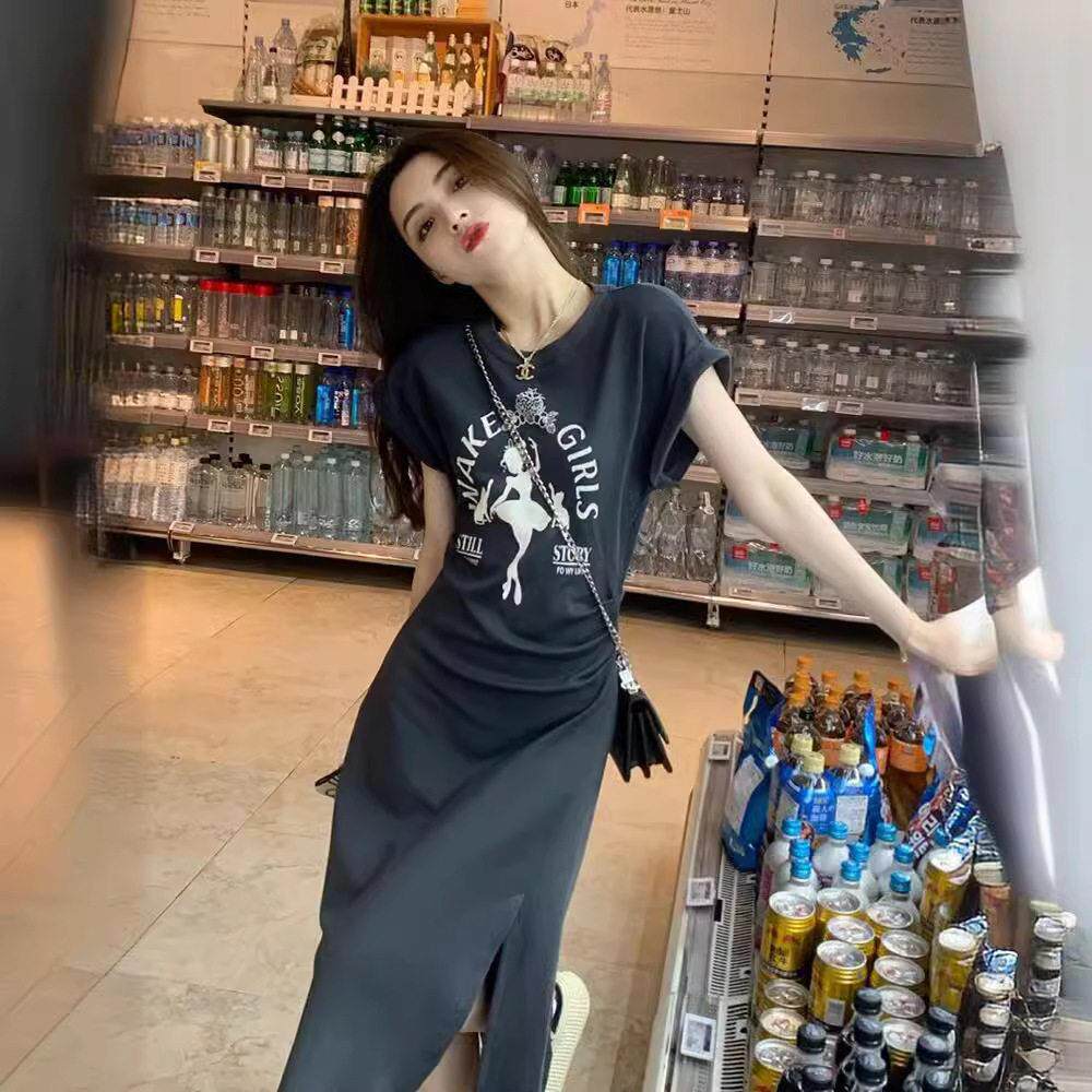 广东广州十三行女裙纯欲圆领连衣裙夏季新款中长款显瘦收腰皱褶开