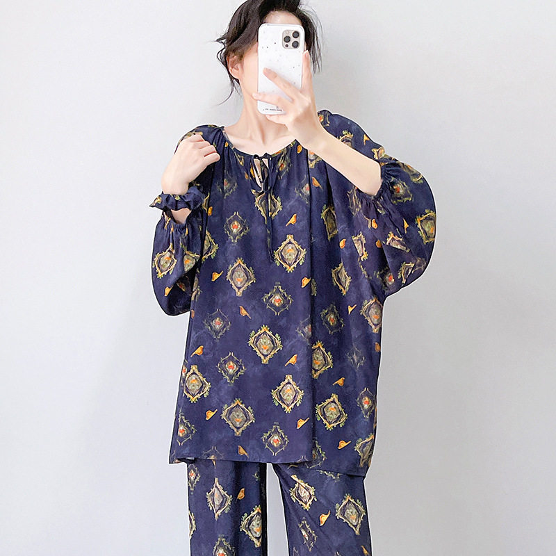 台州雅邦服饰有限公司夏季棉绸睡衣长袖长裤套装家居服女士薄款透