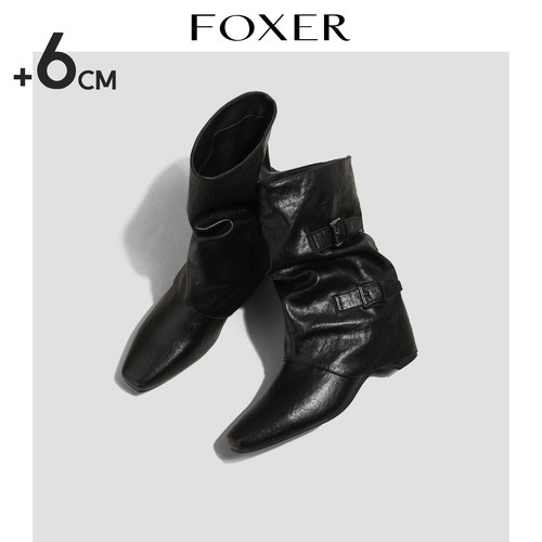 FOXER内增高黑色堆堆靴女款褶皱