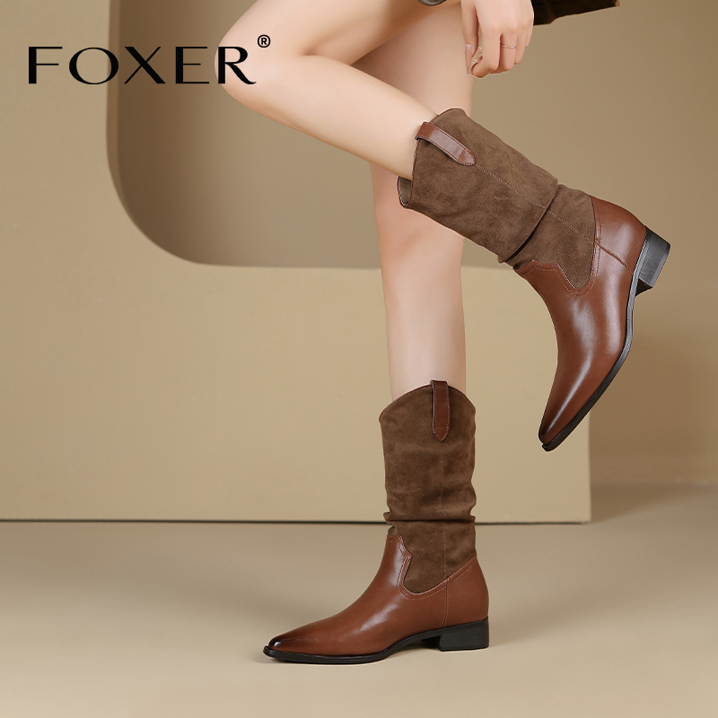 FOXER尖头西部牛仔靴增高美拉德