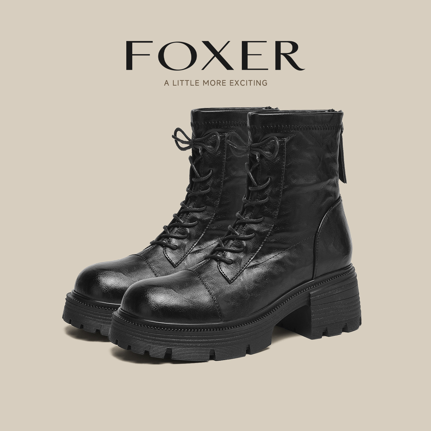FOXER黑色系带马丁靴女厚底户外