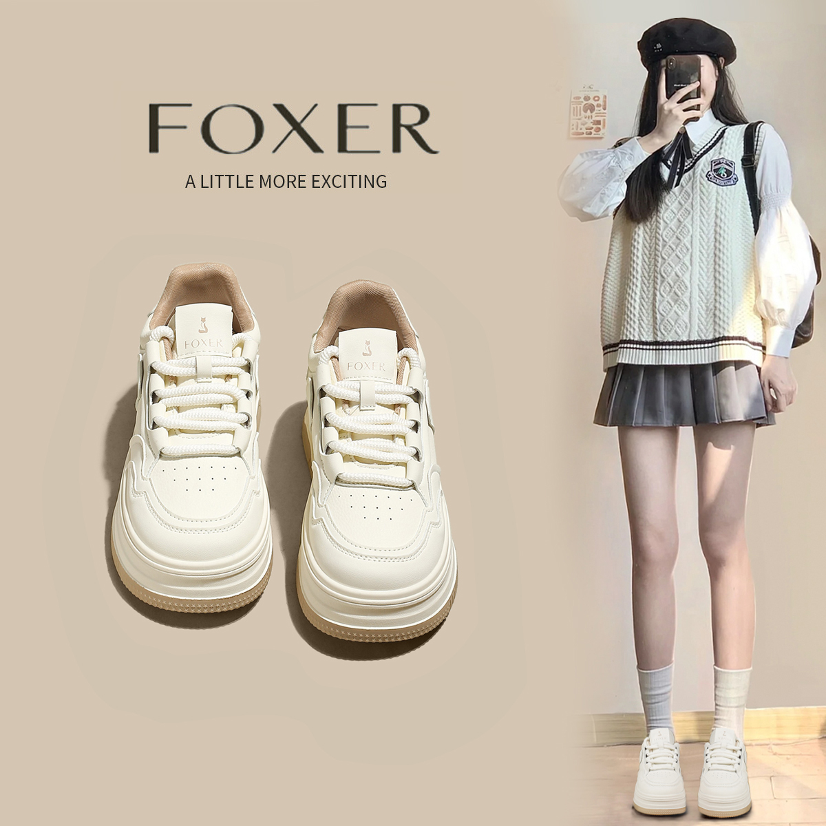 FOXER厚底板鞋女2024新款秋季