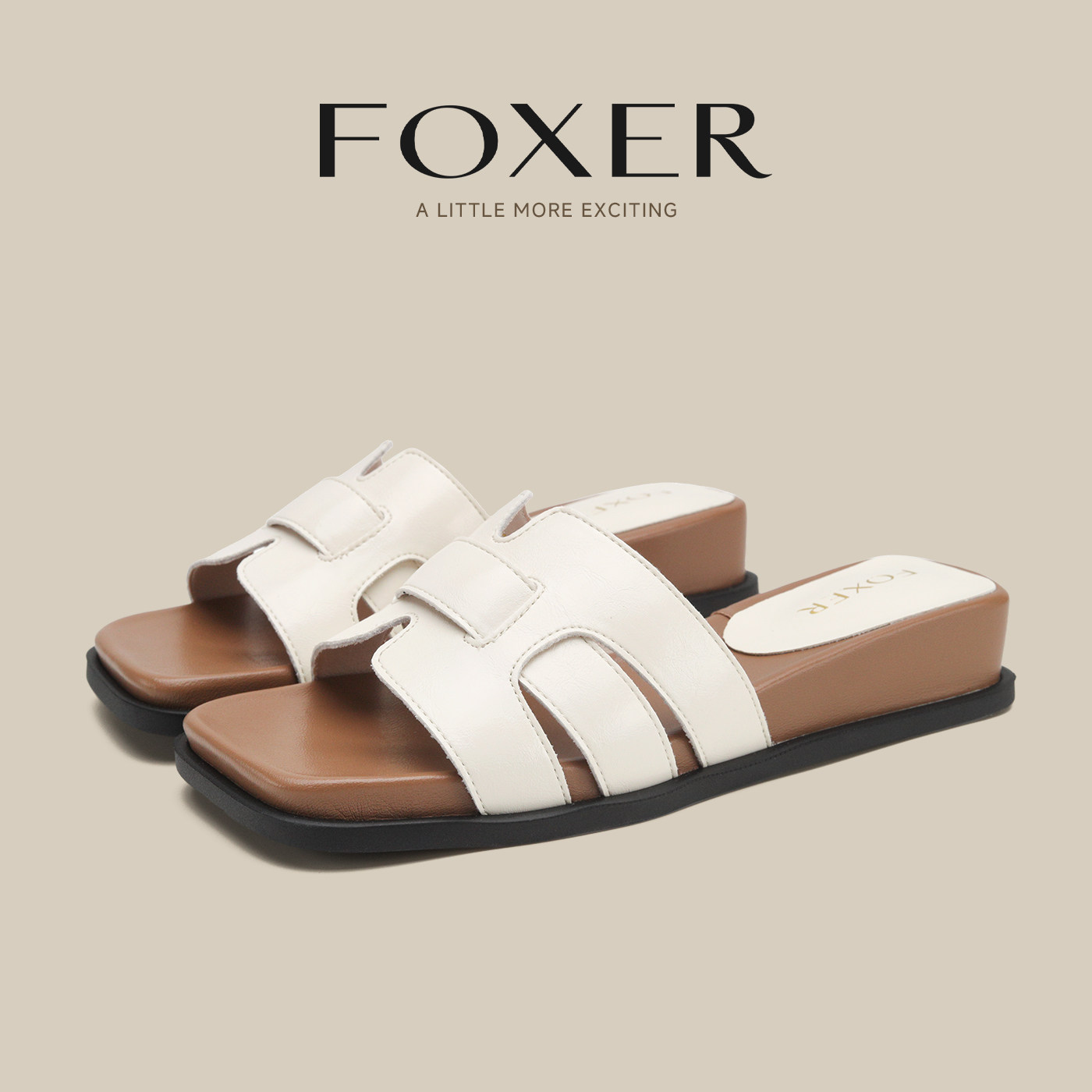FOXER牛皮厚底一字方头拖鞋复古