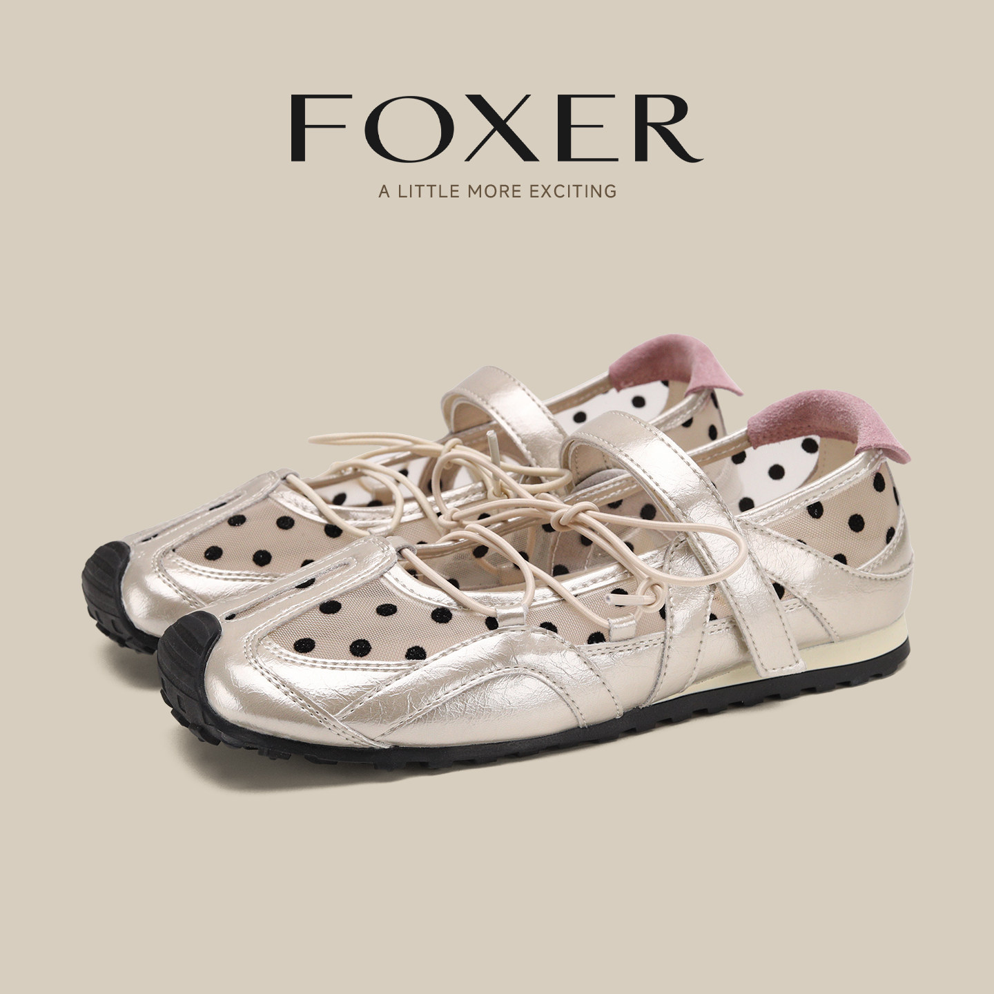 FOXER复古波点玛丽珍鞋女夏网纱
