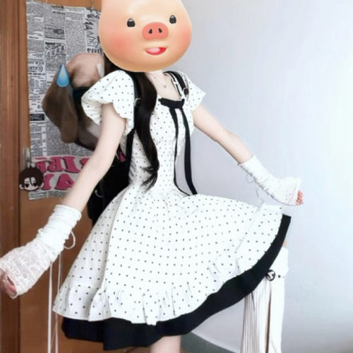 THE AIER方领风连衣裙甜美复古显瘦收腰波点夏季短裙法式女蓬蓬设