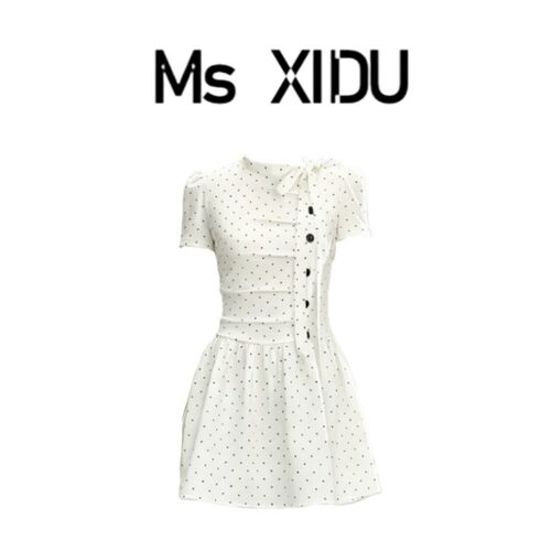 THE AIER设计感感褶皱设计裙Ms少女XIDU学院新款波点连衣裙韩系风