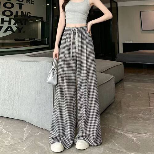 THE AIER宽松感阔印花夏季垂裤高腰直筒裤子冰丝休闲韩版女显瘦薄