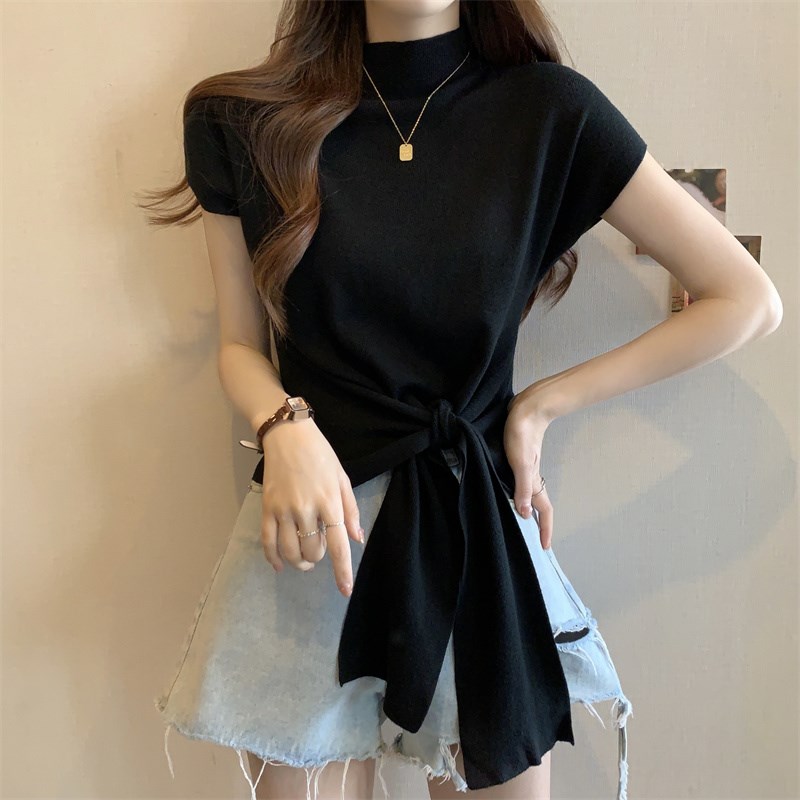 速发大码半高领绑衫毛小t恤百搭圆领别致漂亮衣带夏季上衣