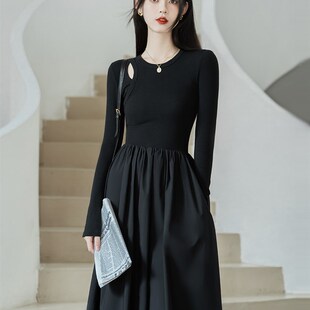 速发黑色连衣裙秋冬季复古裙织打底风赫本裙配大衣的内搭长针子
