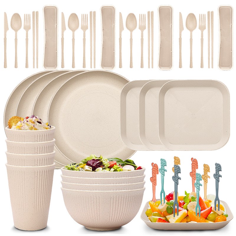 速发跨境勺色小麦秸秆餐具套餐家用饭碗水杯餐盘竖纹便携刀叉米筷