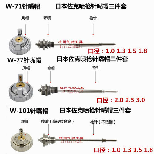 速发佐克喷枪W-71 77/W-101油漆喷漆枪配件 枪针 喷嘴 风帽 三件