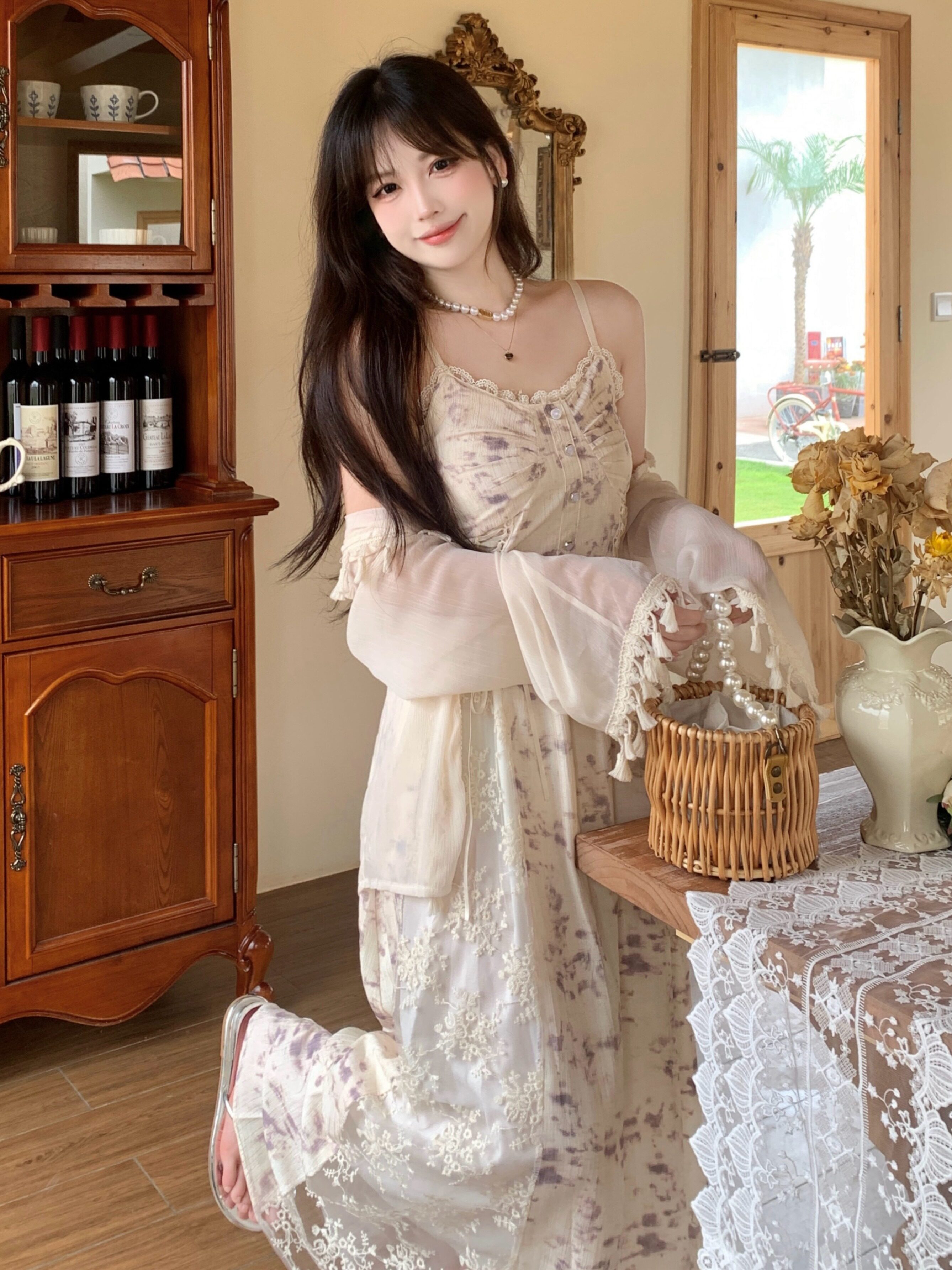 速发大码温裙风碎花连衣裙装夏季蕾丝吊带柔子防晒开衫套装