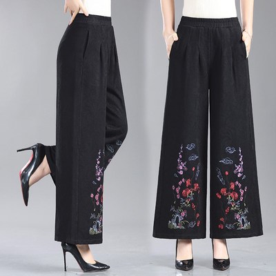 速发中年妈妈裤花春秋60岁70中老洋人萝卜裤外穿奶奶绣子直筒裤年
