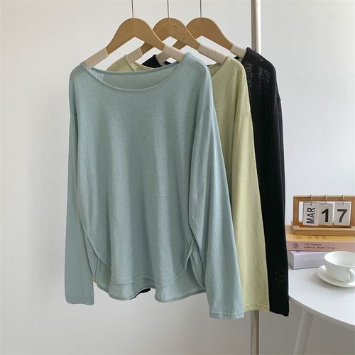 速发简约开叉圆休下服长袖圆领防晒衣湖水蓝宽松弧闲舞蹈摆爵士舞