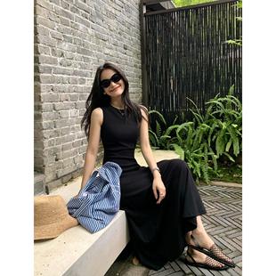 黑色圆领针织背心连衣裙女夏季 pusumede 设计感收腰显瘦气质长裙