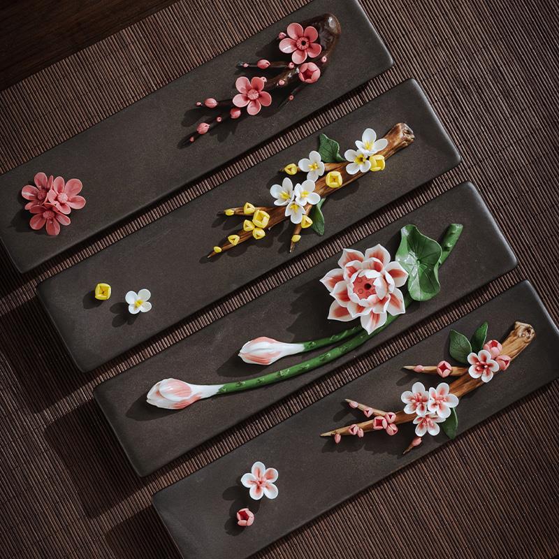 创意陶瓷莲花线香香插檀香炉沉香炉香座禅意香薰室内手工艺术香托