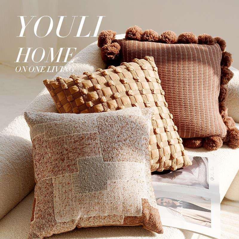 棕色中古抱枕套侘寂风高级靠枕针织简约客厅沙发靠垫含芯床上圆形