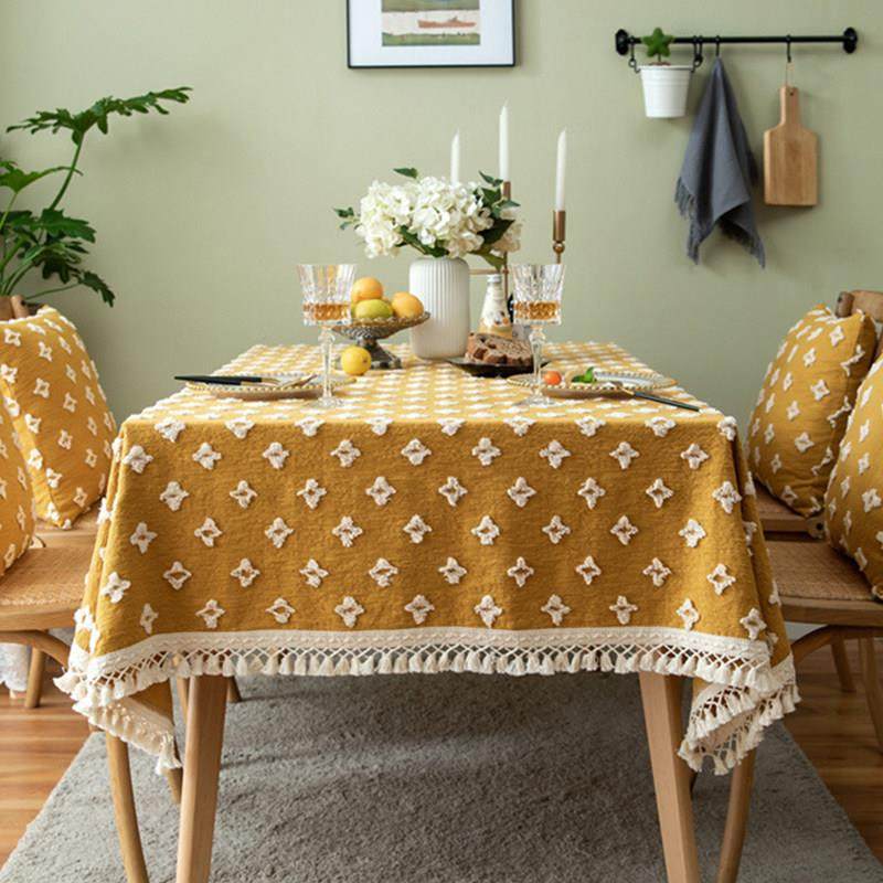 姜黄复古提花餐桌布立体花朵流苏圆桌布家居装饰布艺茶几台布,居家布艺,桌布,淘宝优惠券,粉丝福利购,淘宝优惠卷