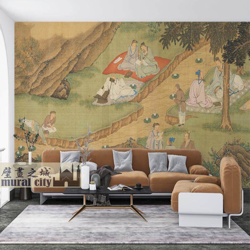 曲水流觞饮酒墙纸古代聚会宴会赋诗壁纸中式复古风雅集墙布背景画