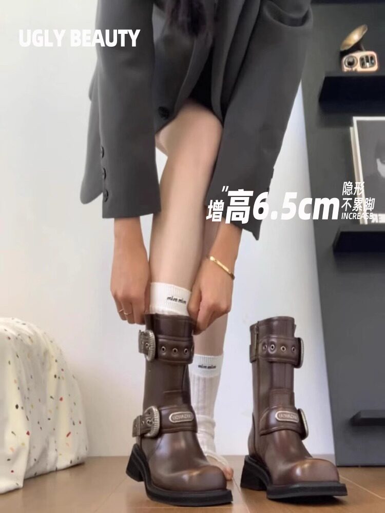 [ZHAO ZHAOYI와 같은 스타일] 여성용 두꺼운 밑창 내부 고조 웨스턴 나이트 부츠 2024 가을 겨울 신상 가죽 스퀘어 토 숏부츠