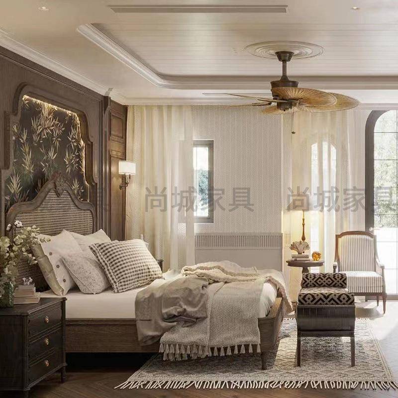 法式复古实藤编床现简约1.85米1.双代人木大床-主卧南洋风家具