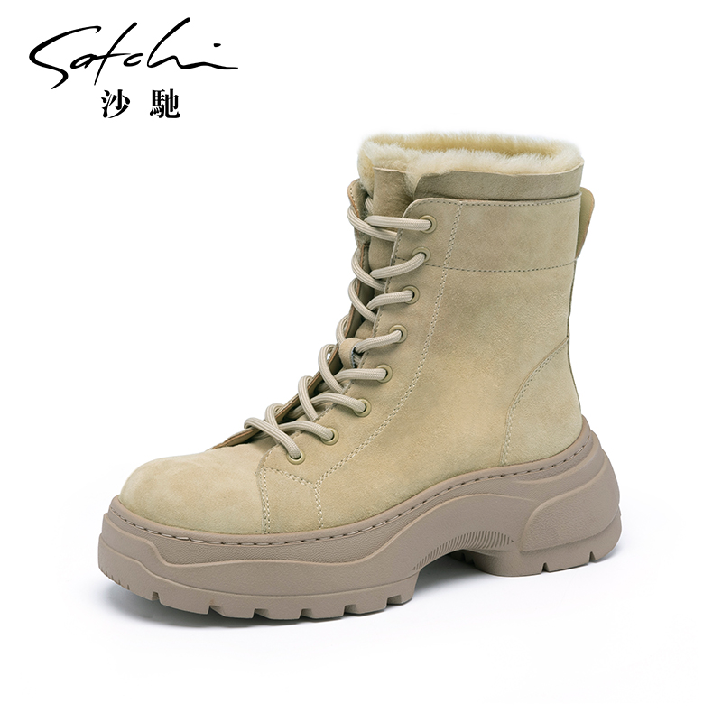 沙驰女鞋雪地靴冬季加绒工装靴