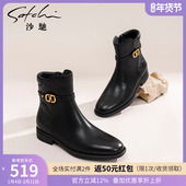 沙驰女鞋 加绒保暖短靴妈妈通勤鞋 舒适简约时装 靴女秋冬新款