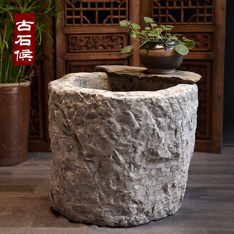 仿古旧石器石臼庭院摆件