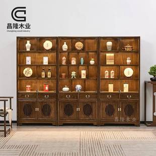 666木书酒实柜带灯玻璃门书架博古架置物茶室展 L老榆柜木架新中式