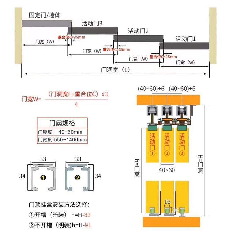 极窄三联动三联动缓推移拉门滑轨吊轨厨房实木门门道静音缓冲配件