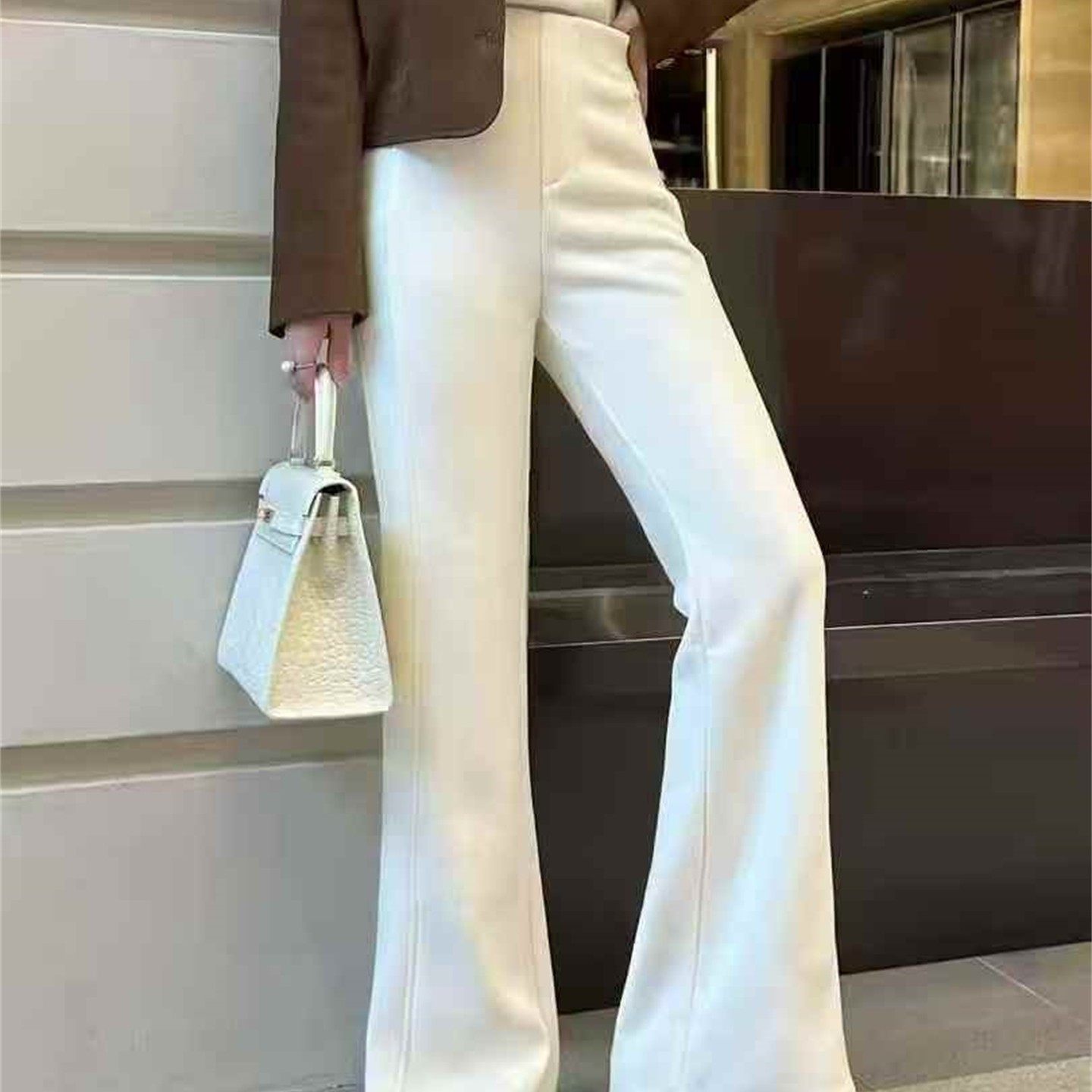 南油女装2025冬装新款设计师桑蚕丝羊毛加绒裤子高腰加厚微喇裤女