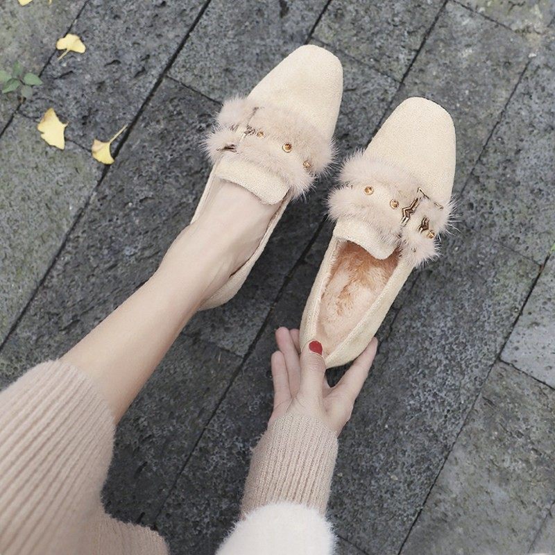 香港高跟毛毛鞋女2025年秋冬季外穿加绒棉鞋粗跟中跟百搭豆豆鞋潮,女鞋,乐福鞋（豆豆鞋）,淘宝优惠券,粉丝福利购,淘宝优惠卷