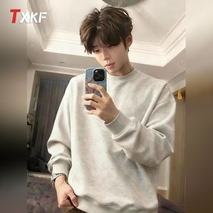 潮牌白花灰加绒男卫衣男士2025新款秋冬季长袖t恤内搭打底衫男款